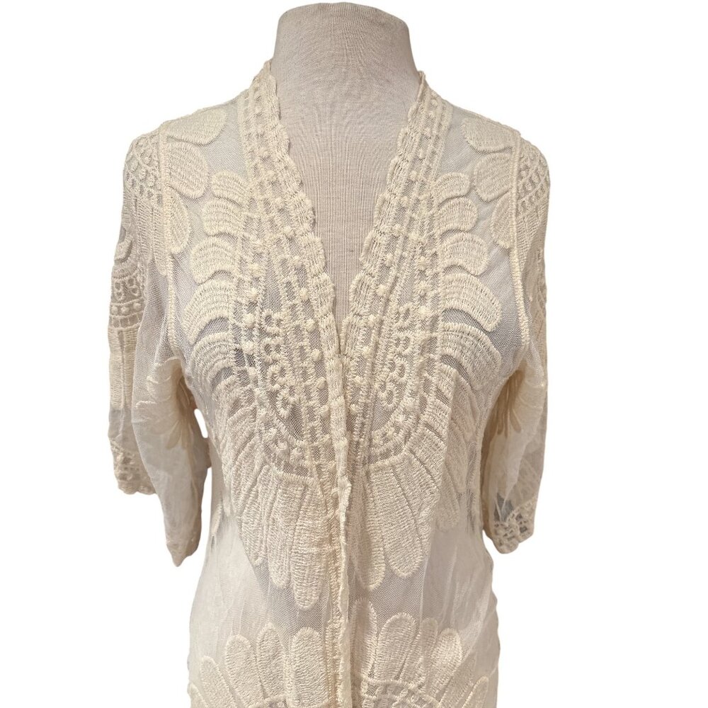 Boho Open Front Sheer Lace Kimono Cardigan With Floral Embroidery Ivory by Rebel - Picture 2 of 9